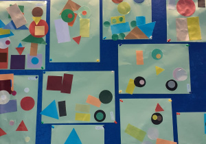 Figurowe obrazy z wykorzystaniem kolorowych figur: koło, kwadrat, prostokąt oraz trójkąt