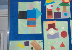 Figurowe obrazy z wykorzystaniem kolorowych figur: koło, kwadrat, prostokąt oraz trójkąt